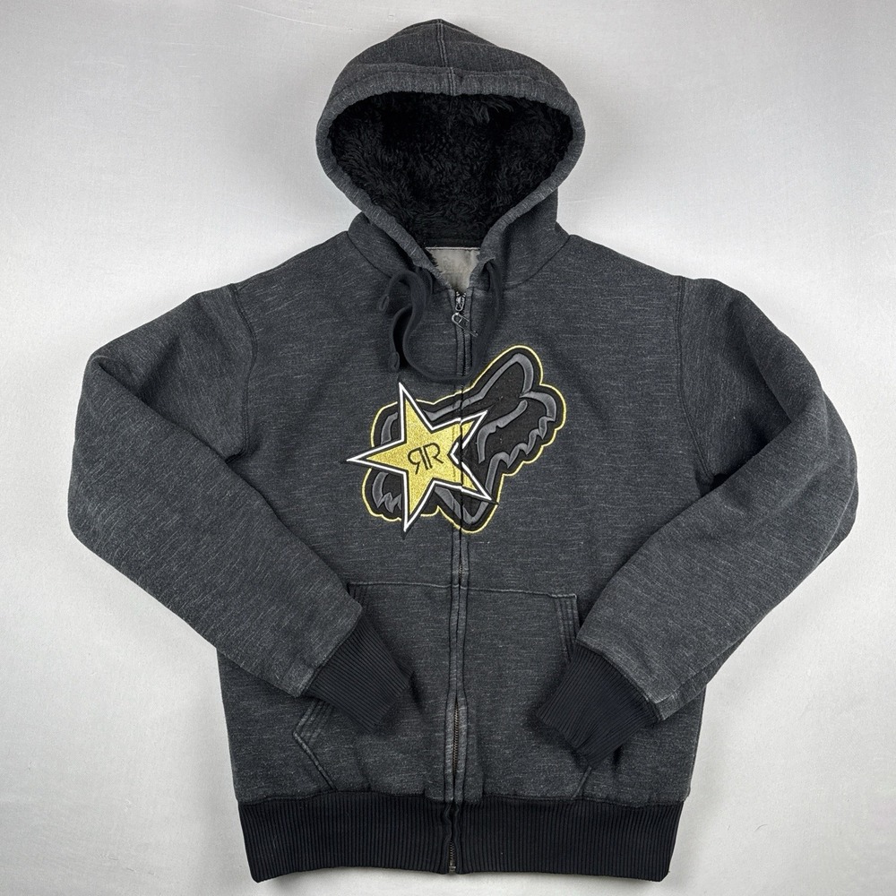 Vintage Y2K Fox Racing Rockstar Energy Sherpa Lined Zip Hoodie Size M Moto